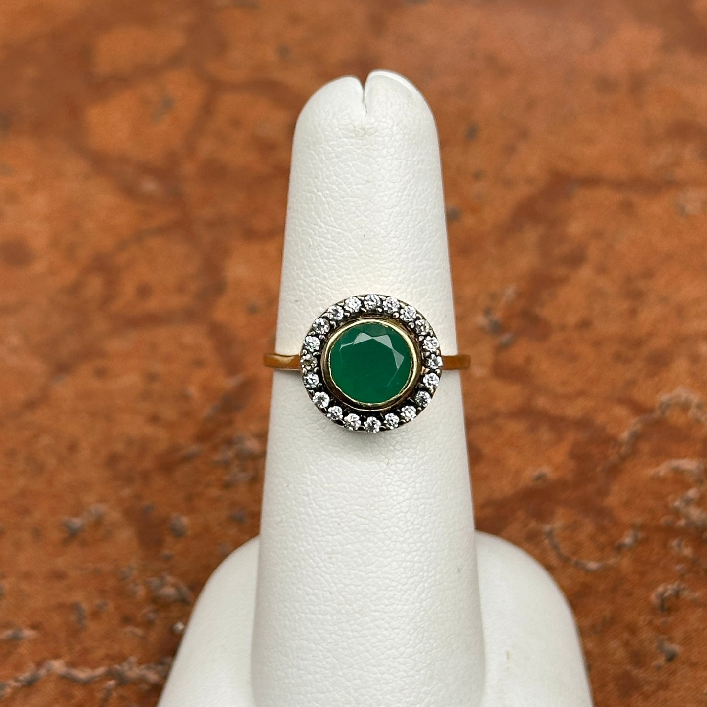 Estate 18KT Yellow Gold Round Emerald + Diamond Antiqued Halo Ring