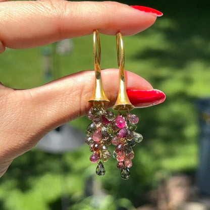 Estate 18KT Yellow Gold Matte Briolette Multi Colored Tourmaline Dangle Earrings