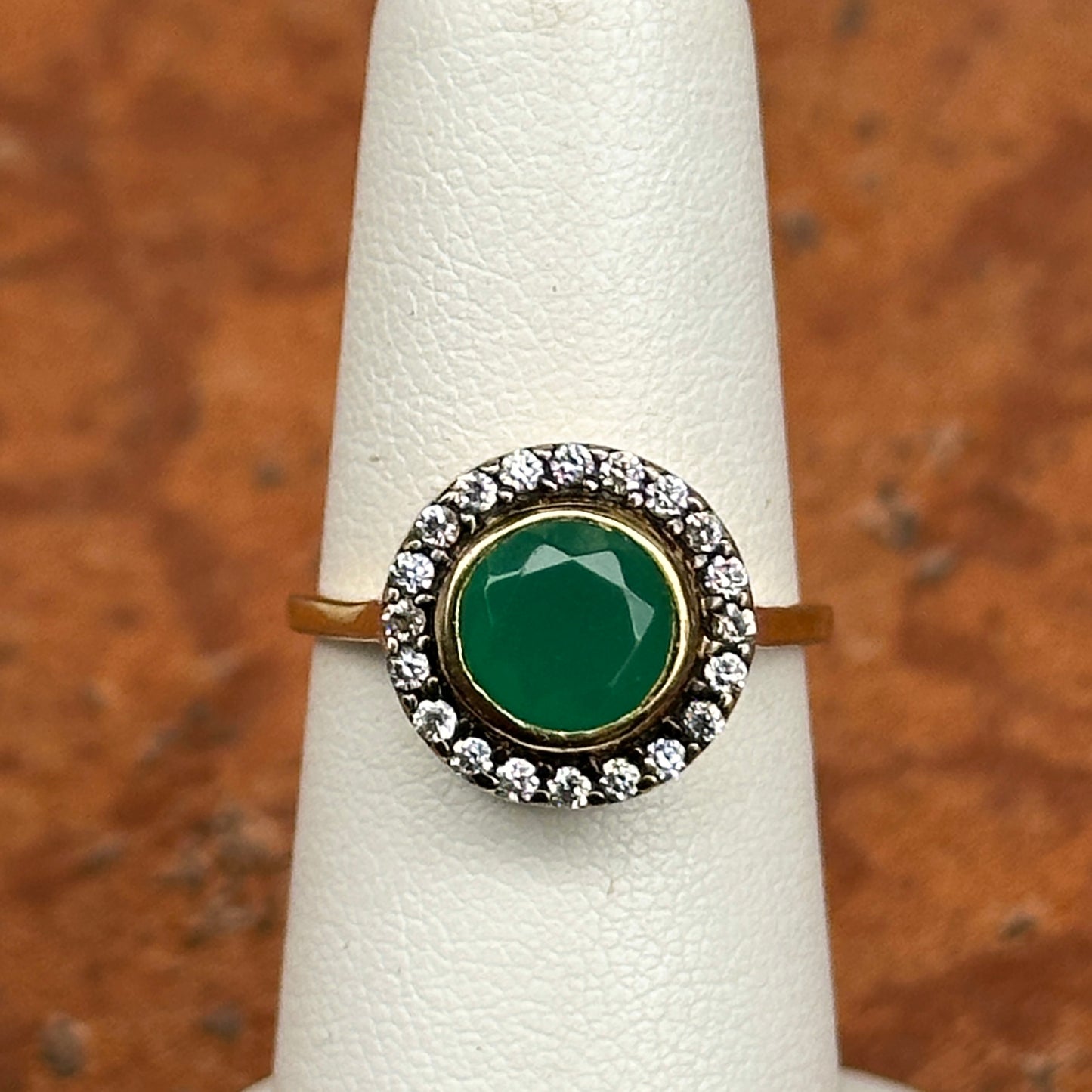 Estate 18KT Yellow Gold Round Emerald + Diamond Antiqued Halo Ring