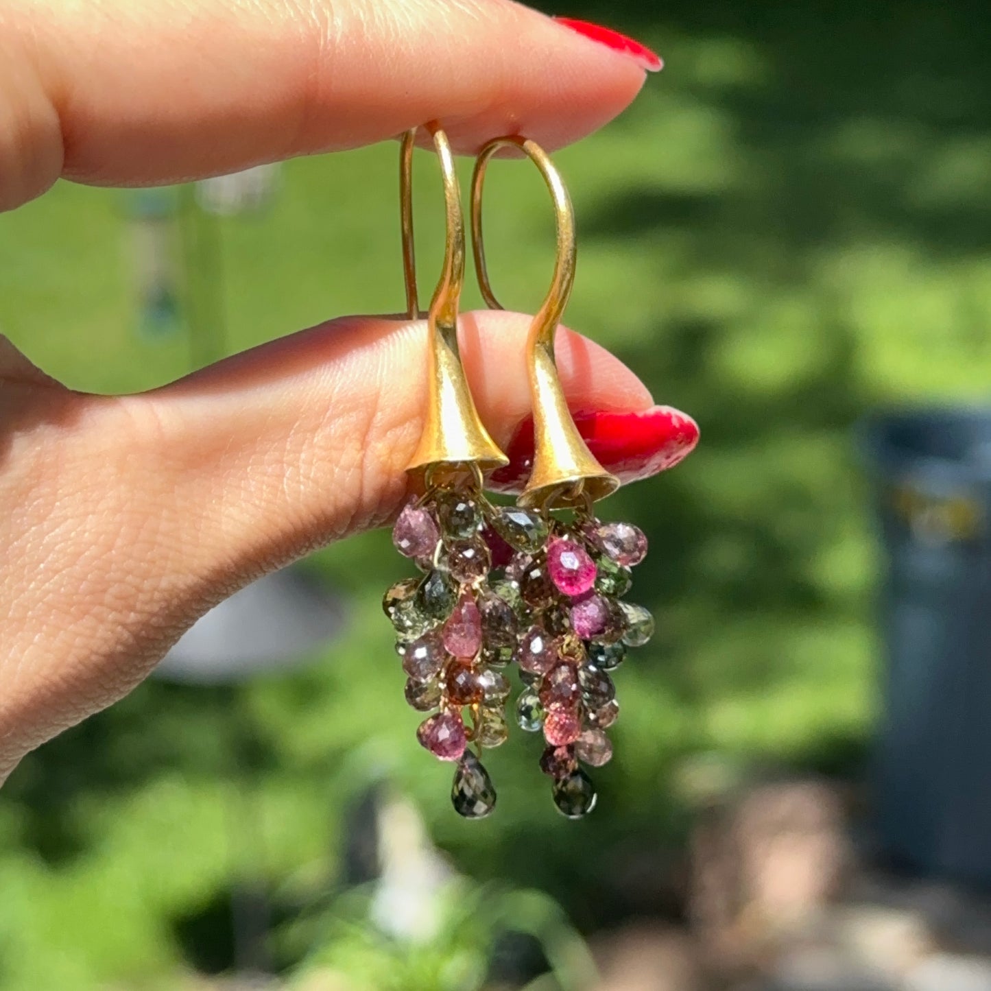 Estate 18KT Yellow Gold Matte Briolette Multi Colored Tourmaline Dangle Earrings