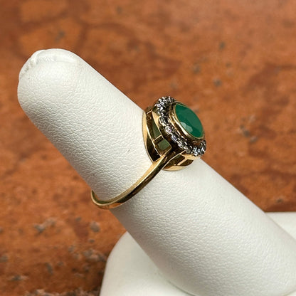 Estate 18KT Yellow Gold Round Emerald + Diamond Antiqued Halo Ring