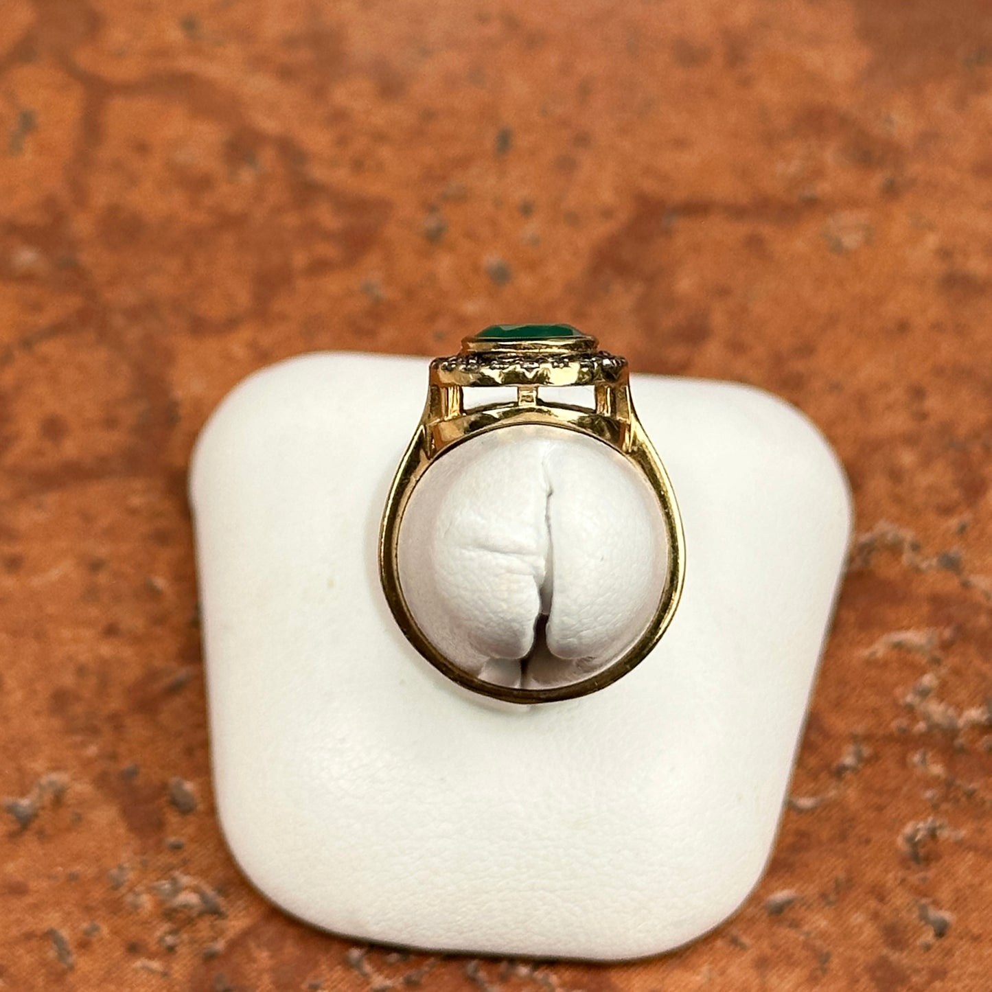 Estate 18KT Yellow Gold Round Emerald + Diamond Antiqued Halo Ring