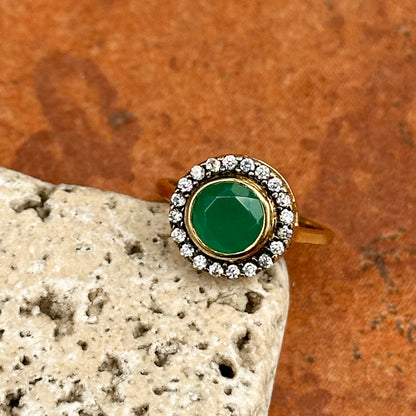 Estate 18KT Yellow Gold Round Emerald + Diamond Antiqued Halo Ring
