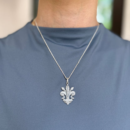 Sterling Silver Antiqued Finish Fleur de Lis 2D Pendant 35mm