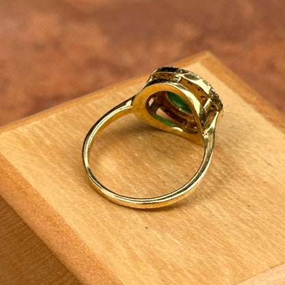 Estate 18KT Yellow Gold Round Emerald + Diamond Antiqued Halo Ring