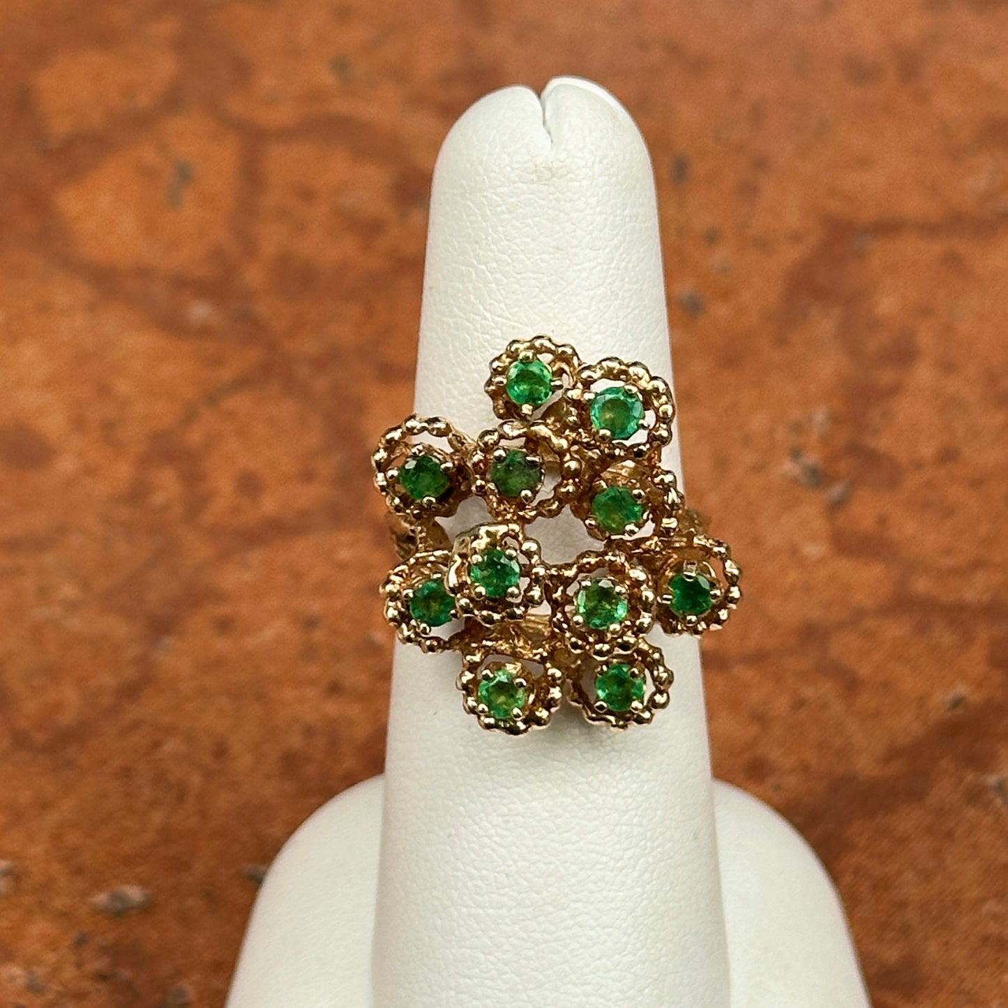 Estate 14KT Yellow Gold Round Emerald Cluster Ring