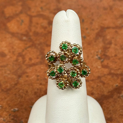 Estate 14KT Yellow Gold Round Emerald Cluster Ring