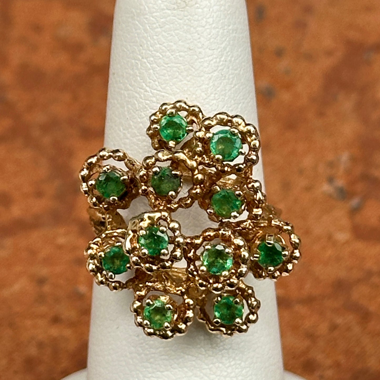 Estate 14KT Yellow Gold Round Emerald Cluster Ring