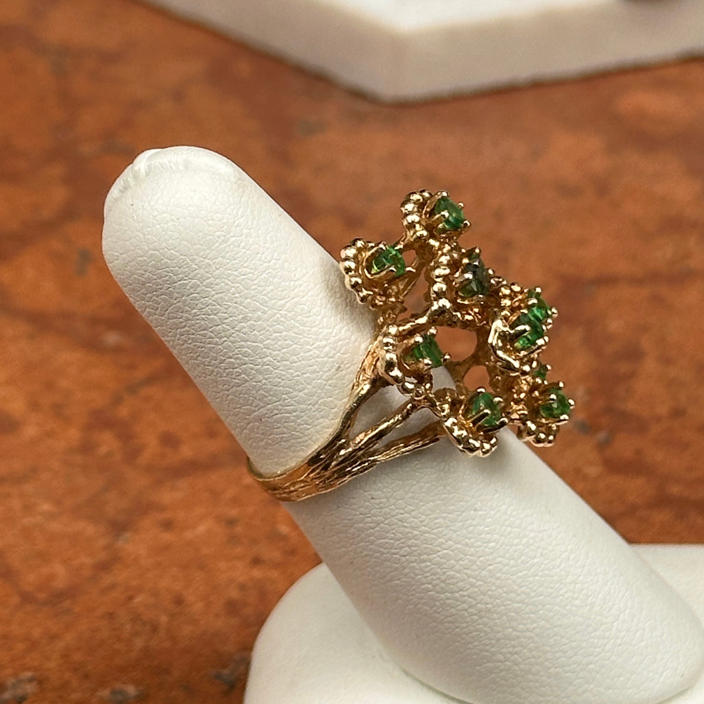 Estate 14KT Yellow Gold Round Emerald Cluster Ring