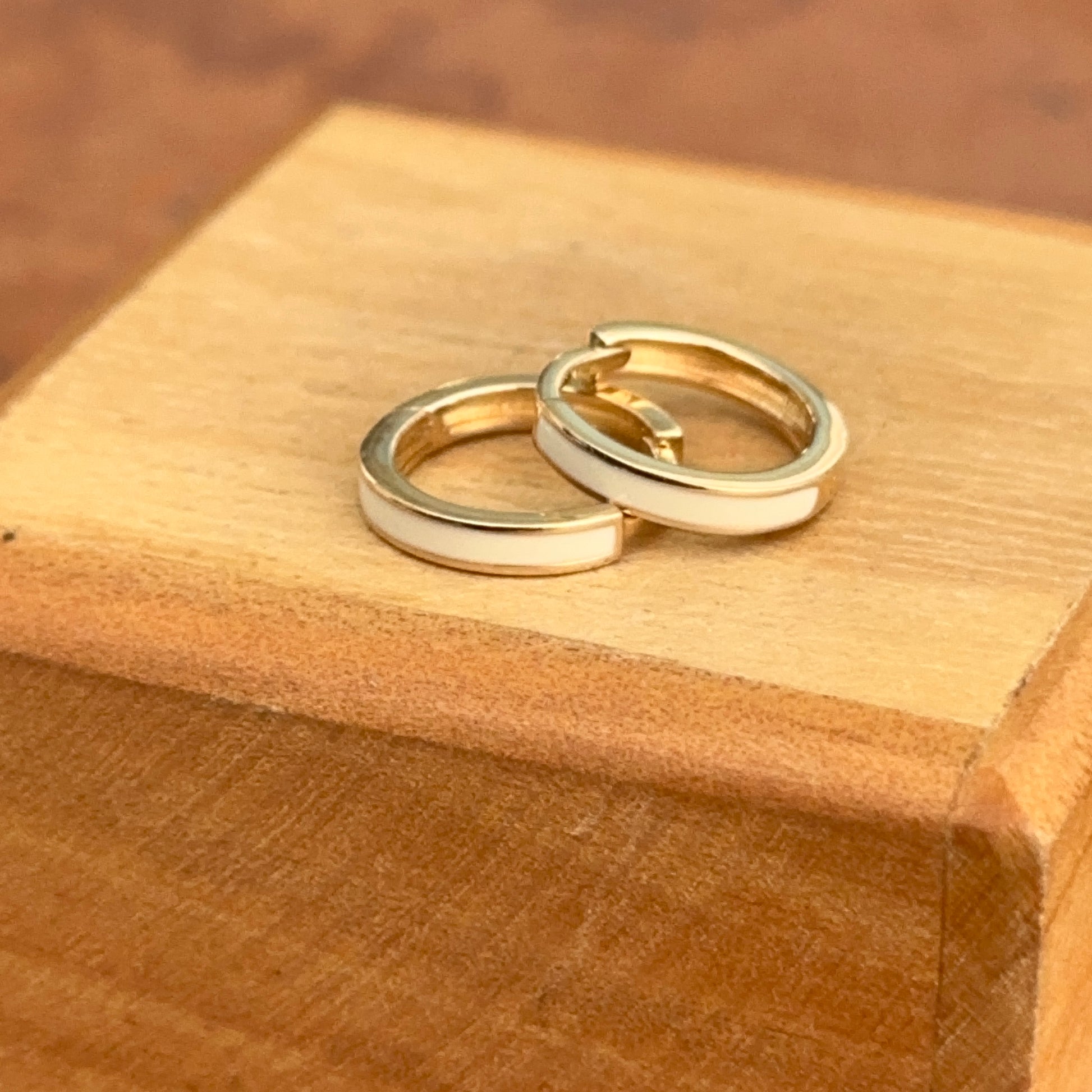 14KT Yellow Gold Solid Cream Enamel Huggie Hoop Earrings 12mm - LSJ