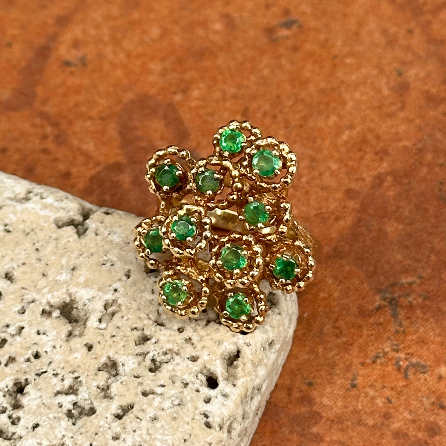 Estate 14KT Yellow Gold Round Emerald Cluster Ring