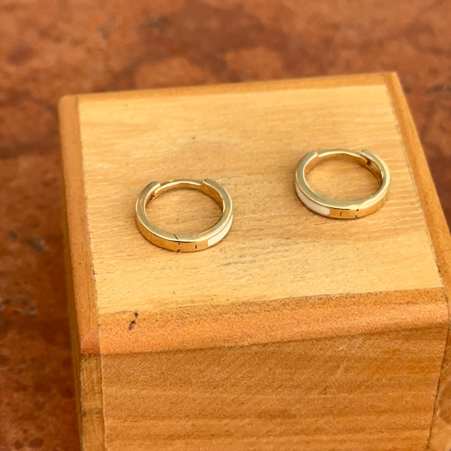 14KT Yellow Gold Solid Cream Enamel Huggie Hoop Earrings 12mm - LSJ