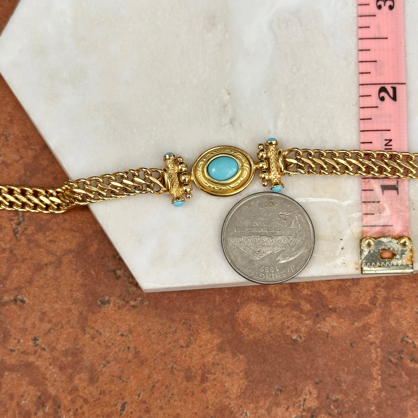 Estate 18KT Yellow Gold Cabochon Turquoise Curb Link Bracelet