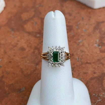 Estate 14KT Yellow Gold Lab Emerald-Cut Emerald + Square Halo Diamond Ring