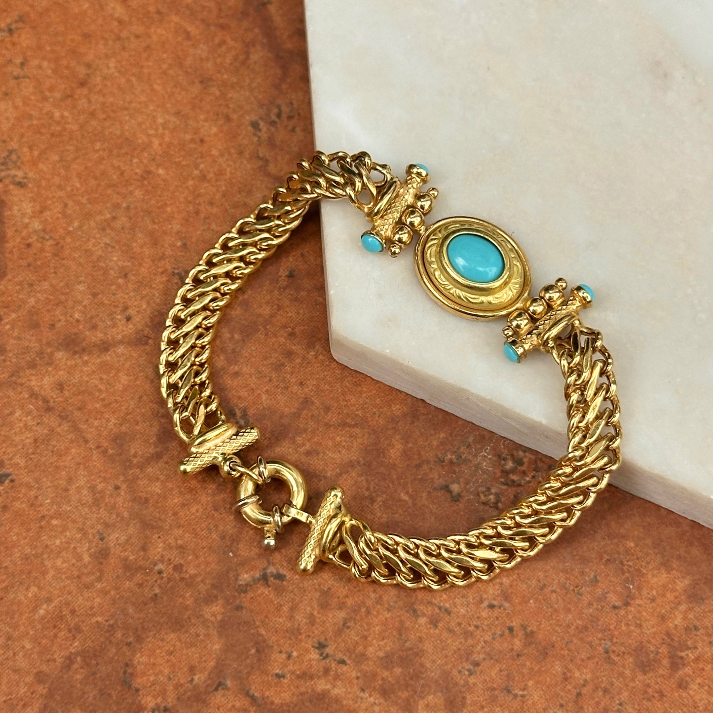 Estate 18KT Yellow Gold Cabochon Turquoise Curb Link Bracelet