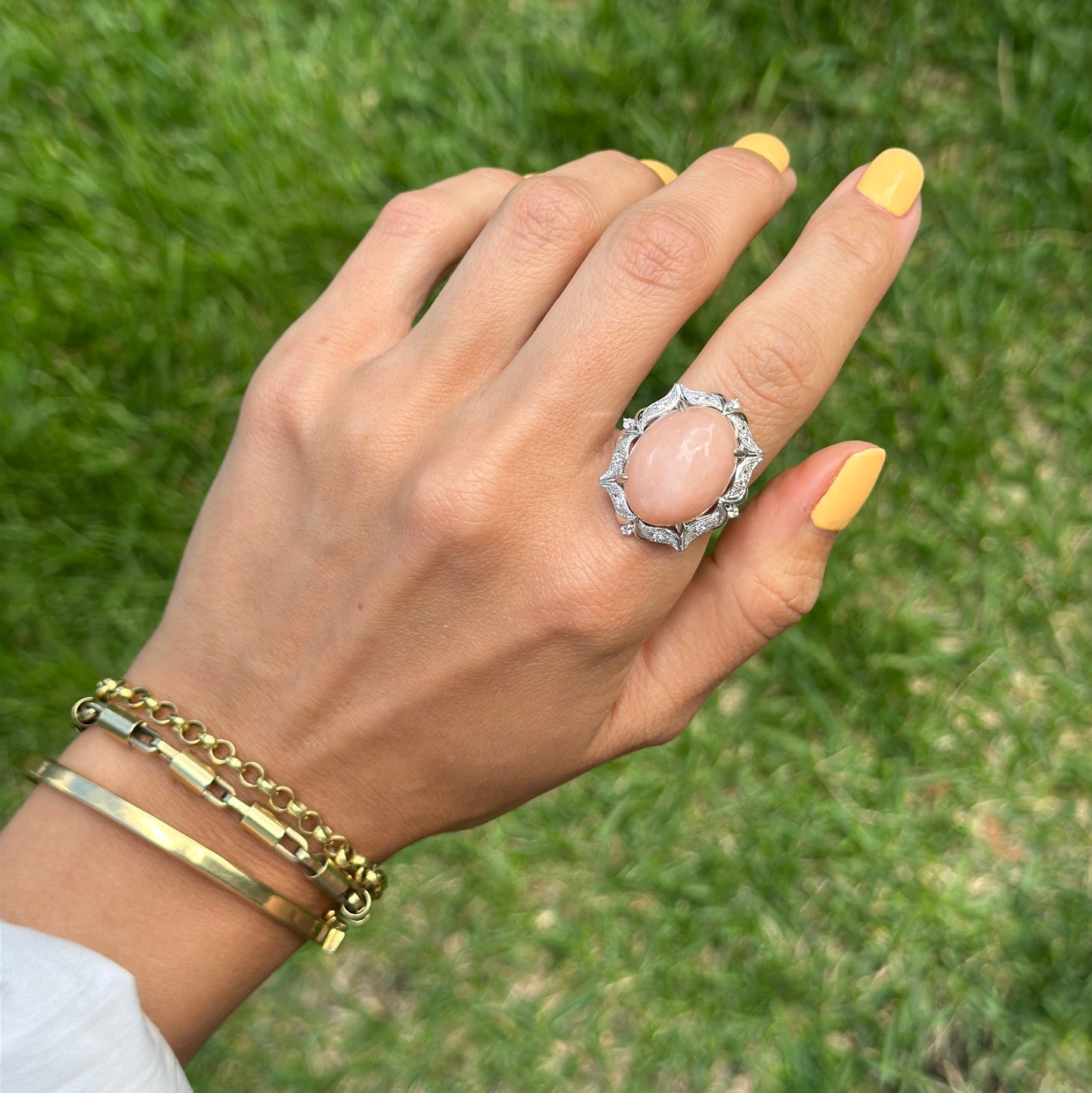 Estate Platinum Peruvian Peach Opal + Diamond Halo Ring