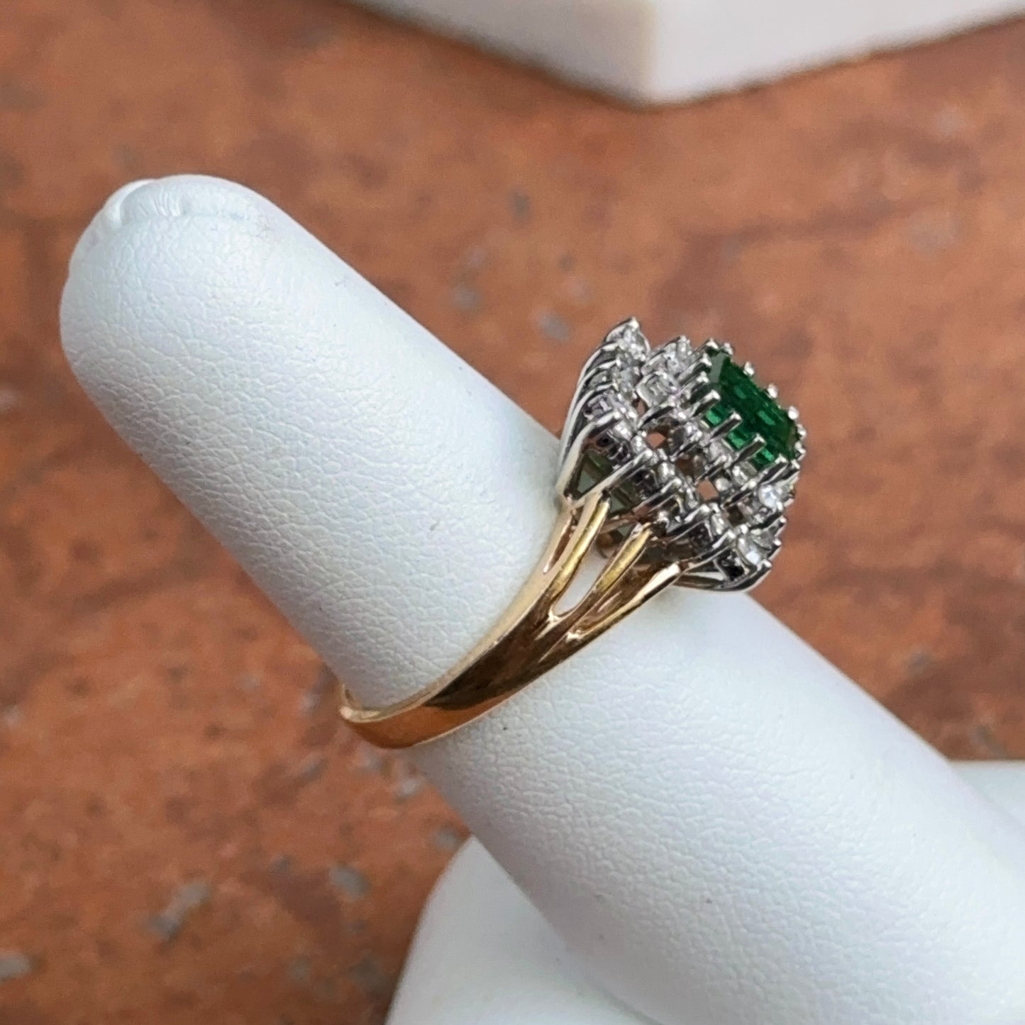 Estate 14KT Yellow Gold Lab Emerald-Cut Emerald + Square Halo Diamond Ring