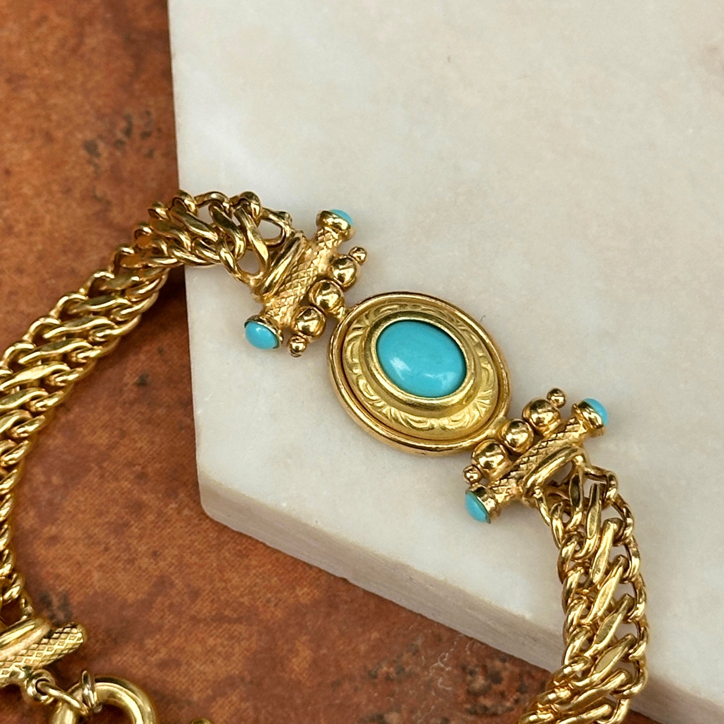 Estate 18KT Yellow Gold Cabochon Turquoise Curb Link Bracelet