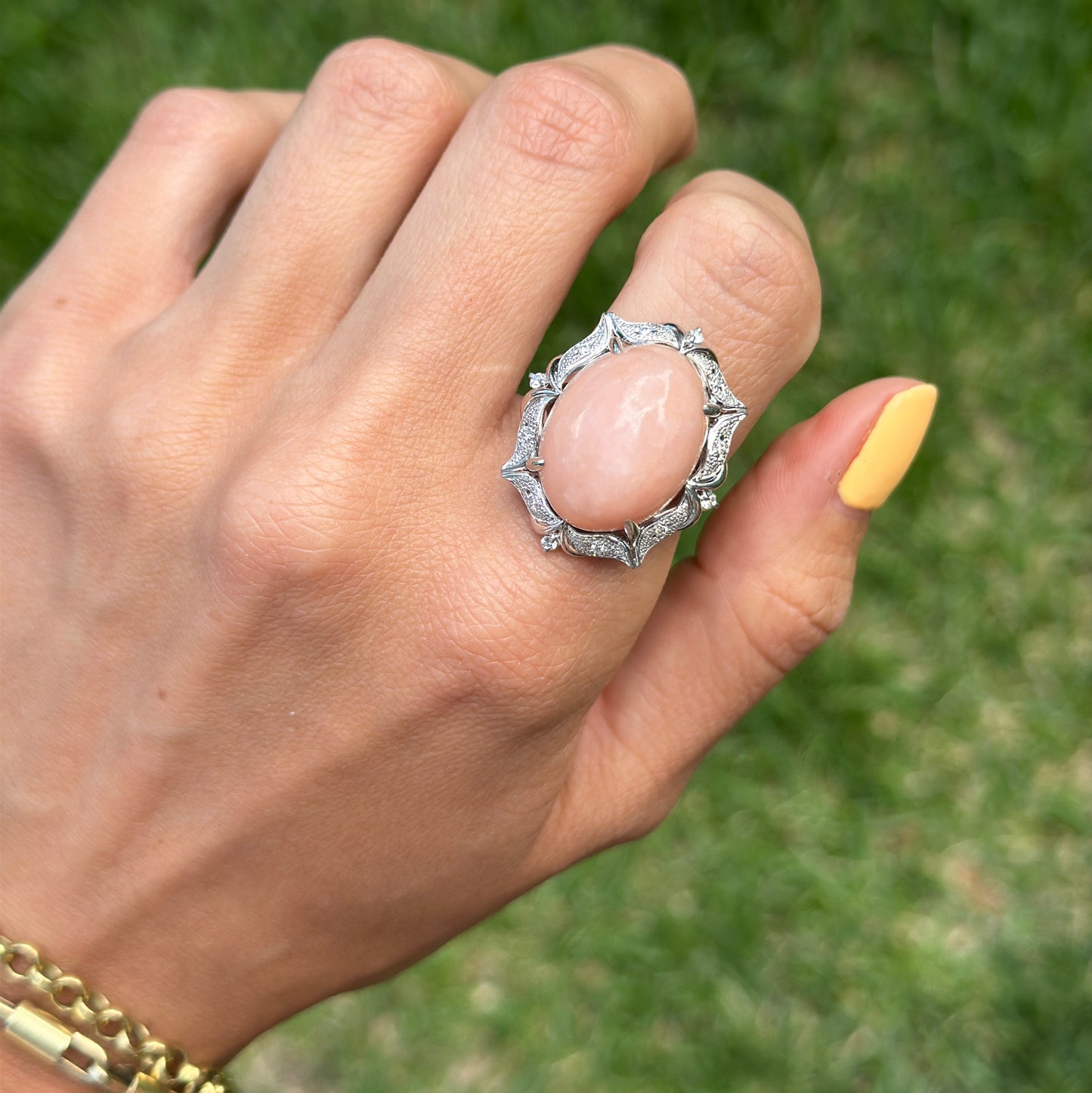 Estate Platinum Peruvian Peach Opal + Diamond Halo Ring