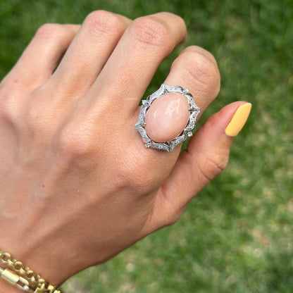 Estate Platinum Peruvian Peach Opal + Diamond Halo Ring