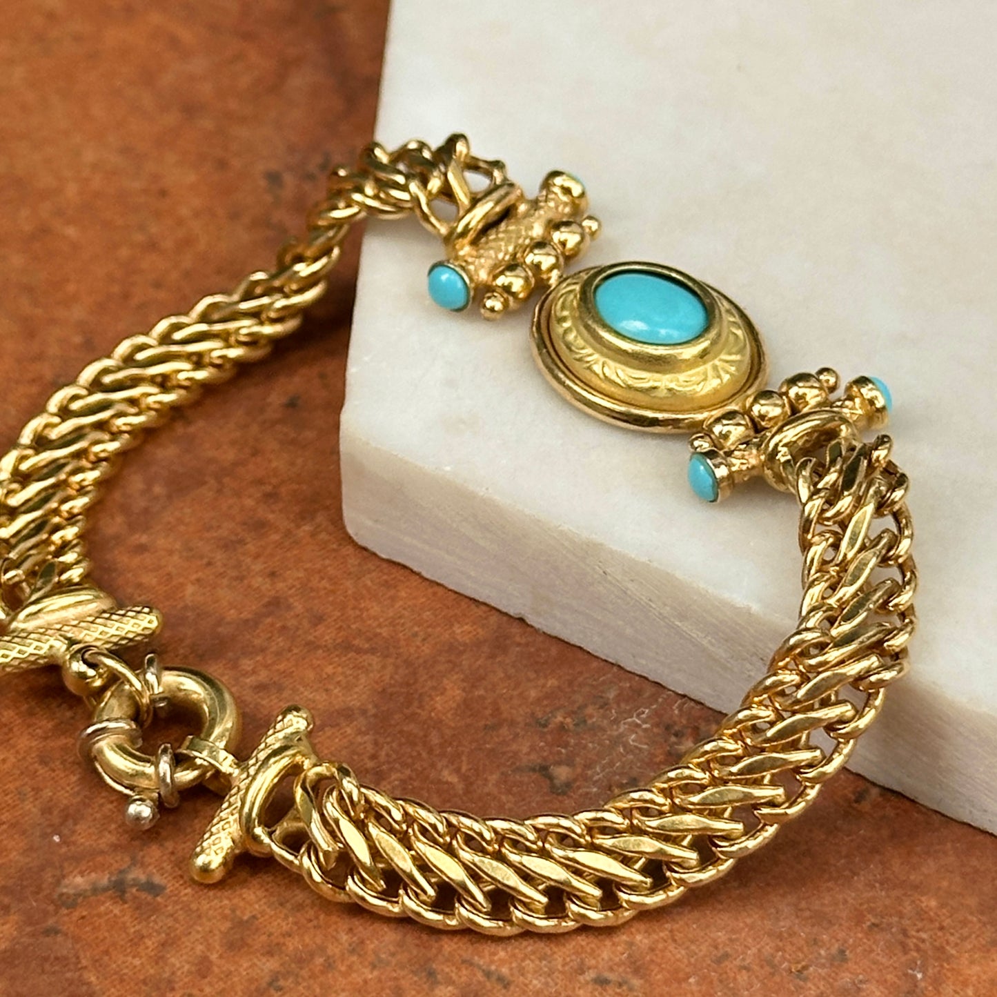 Estate 18KT Yellow Gold Cabochon Turquoise Curb Link Bracelet