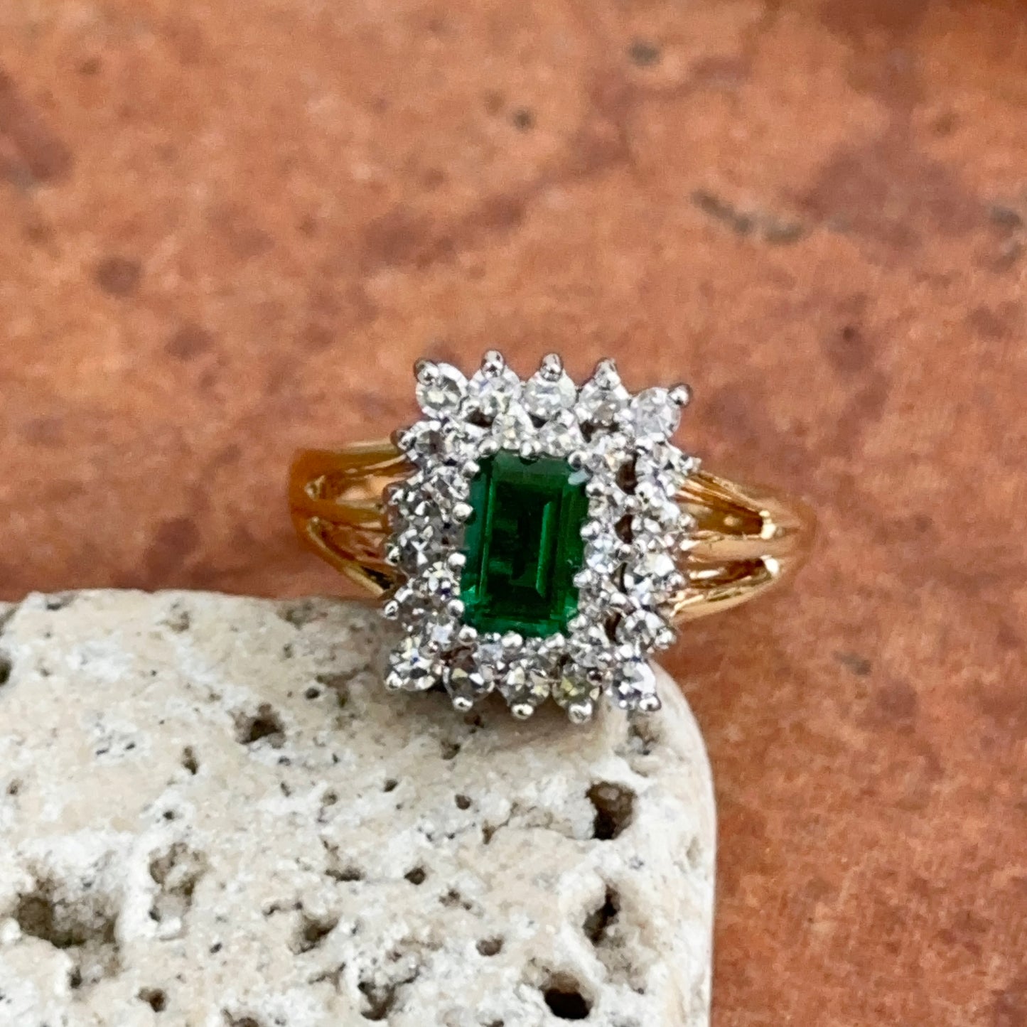 Estate 14KT Yellow Gold Lab Emerald-Cut Emerald + Square Halo Diamond Ring