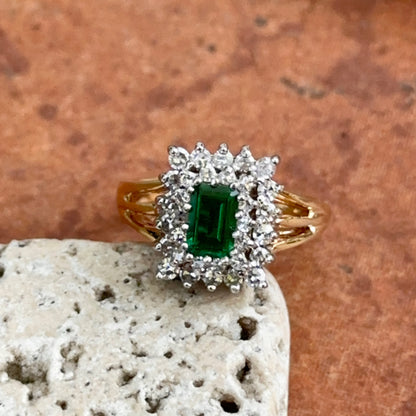 Estate 14KT Yellow Gold Lab Emerald-Cut Emerald + Square Halo Diamond Ring
