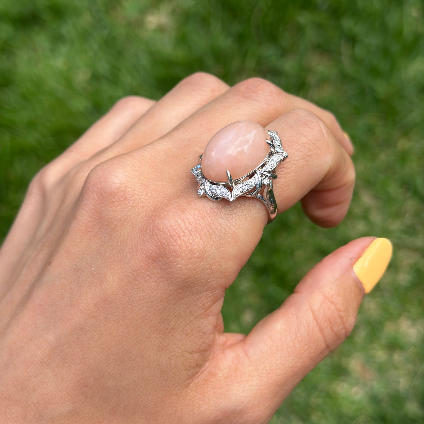 Estate Platinum Peruvian Peach Opal + Diamond Halo Ring
