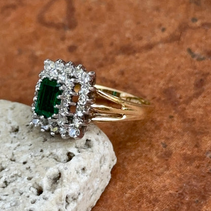 Estate 14KT Yellow Gold Lab Emerald-Cut Emerald + Square Halo Diamond Ring