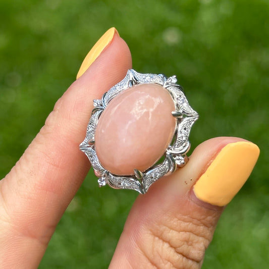 Estate Platinum Peruvian Peach Opal + Diamond Halo Ring