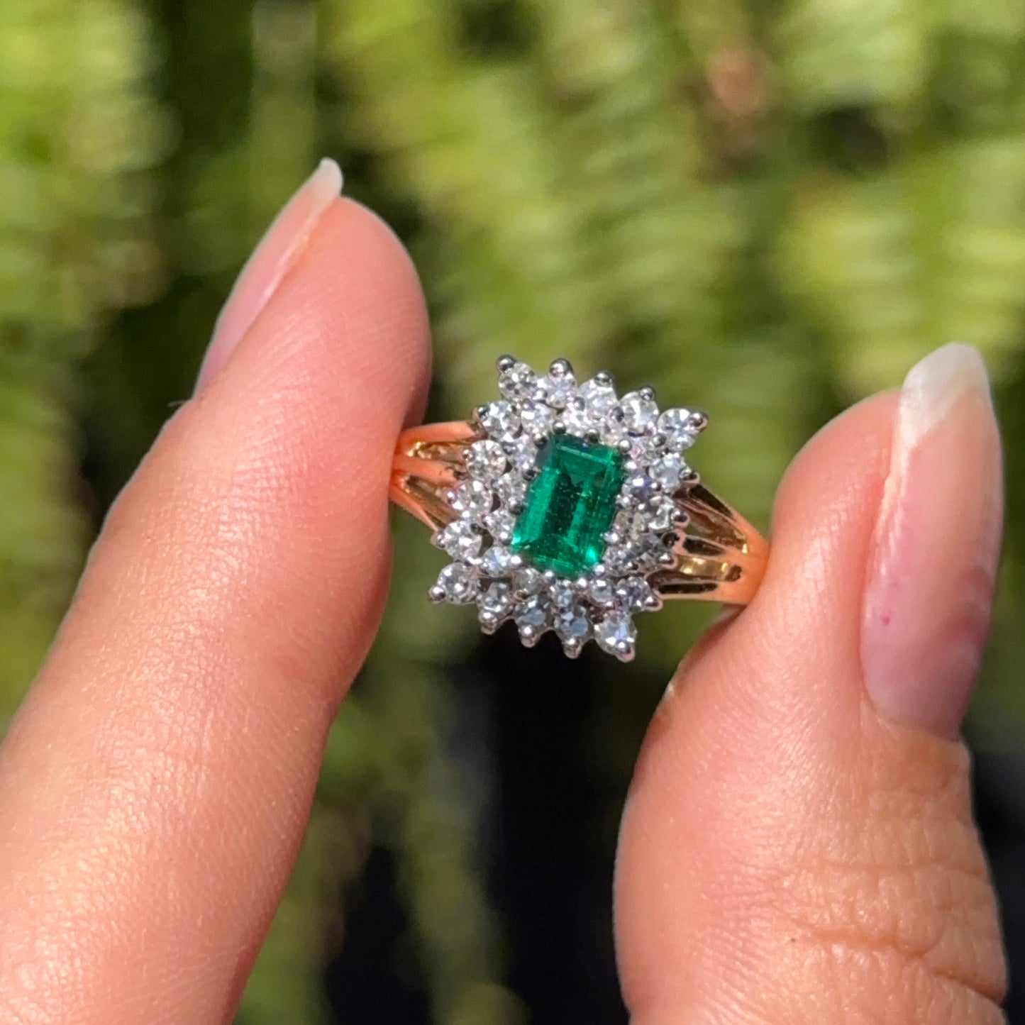 Estate 14KT Yellow Gold Lab Emerald-Cut Emerald + Square Halo Diamond Ring