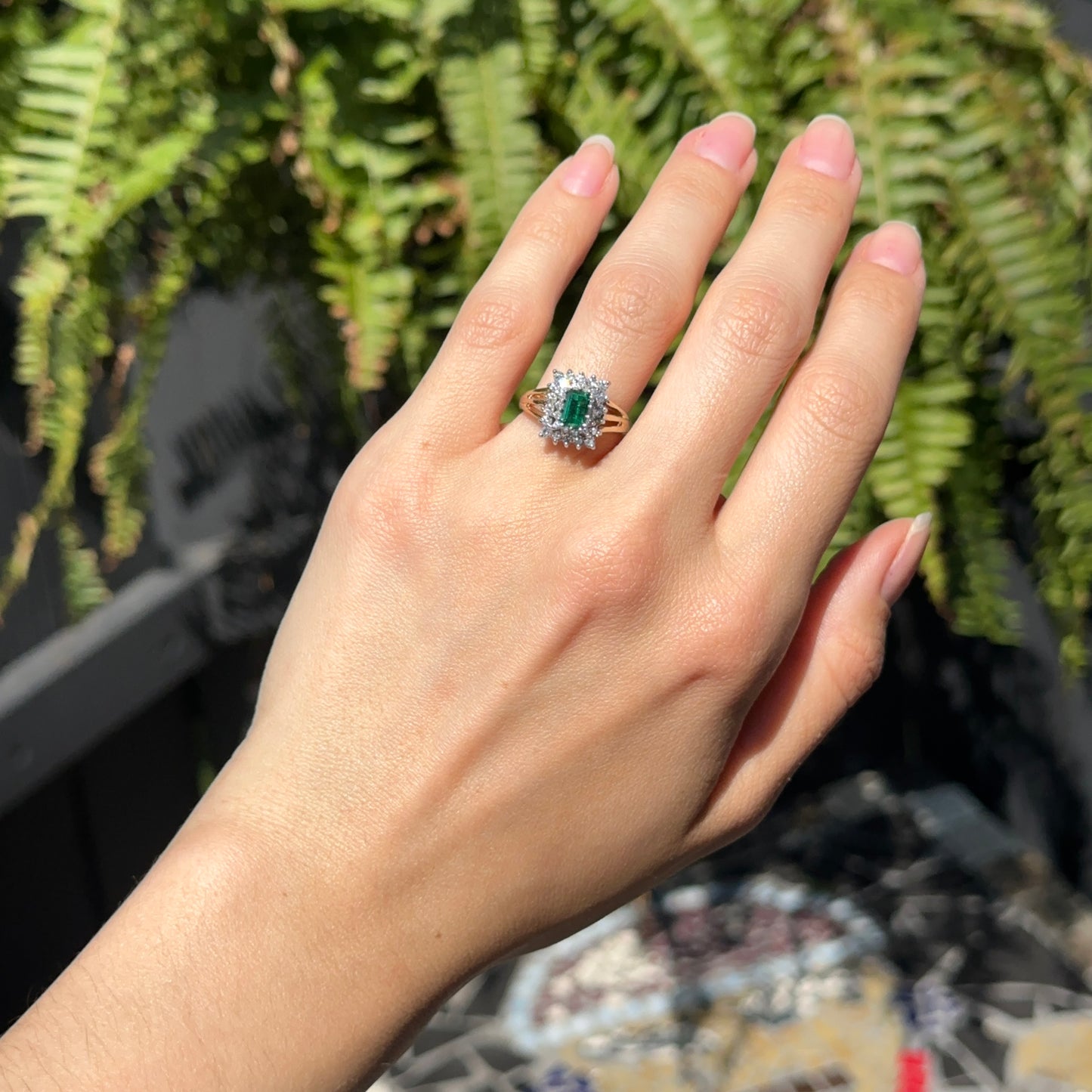 Estate 14KT Yellow Gold Lab Emerald-Cut Emerald + Square Halo Diamond Ring