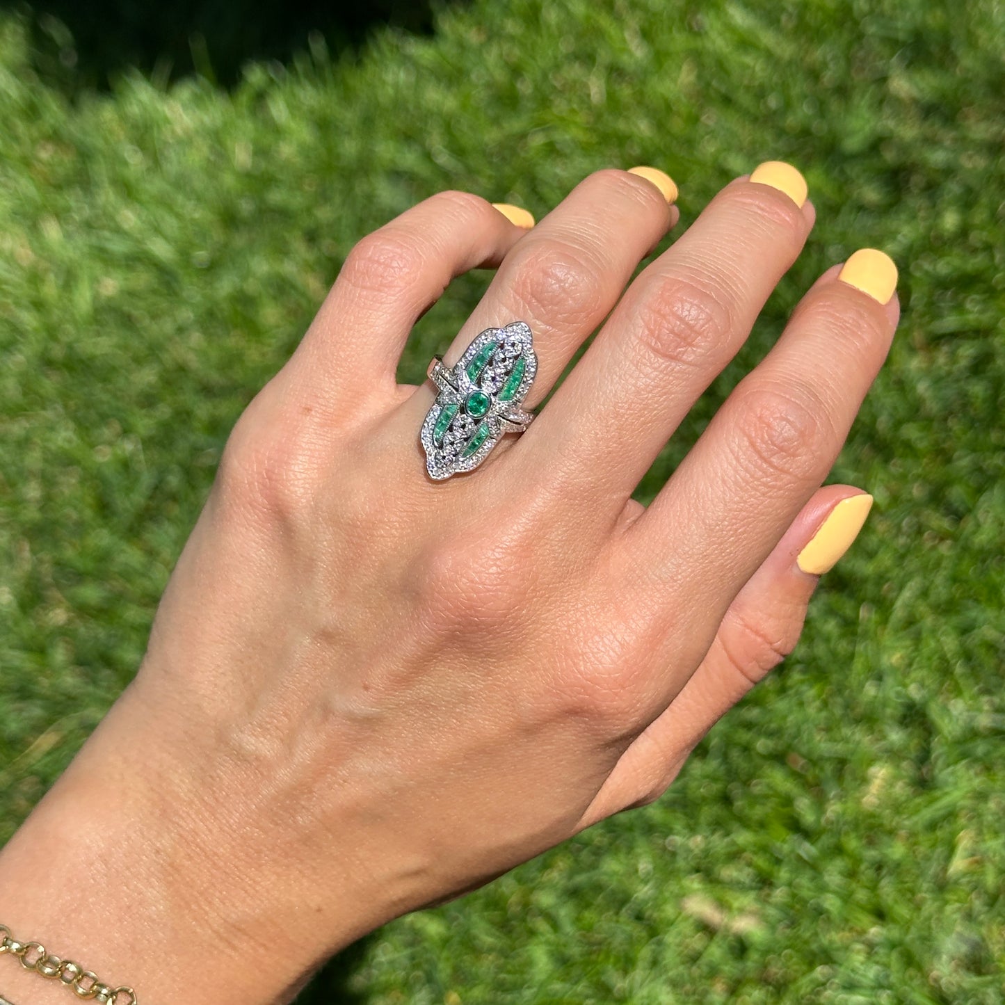 Estate 18KT White Gold Art Deco Emerald + Diamond Ring