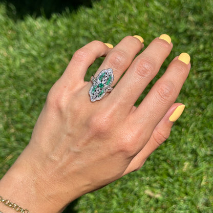 Estate 18KT White Gold Art Deco Emerald + Diamond Ring