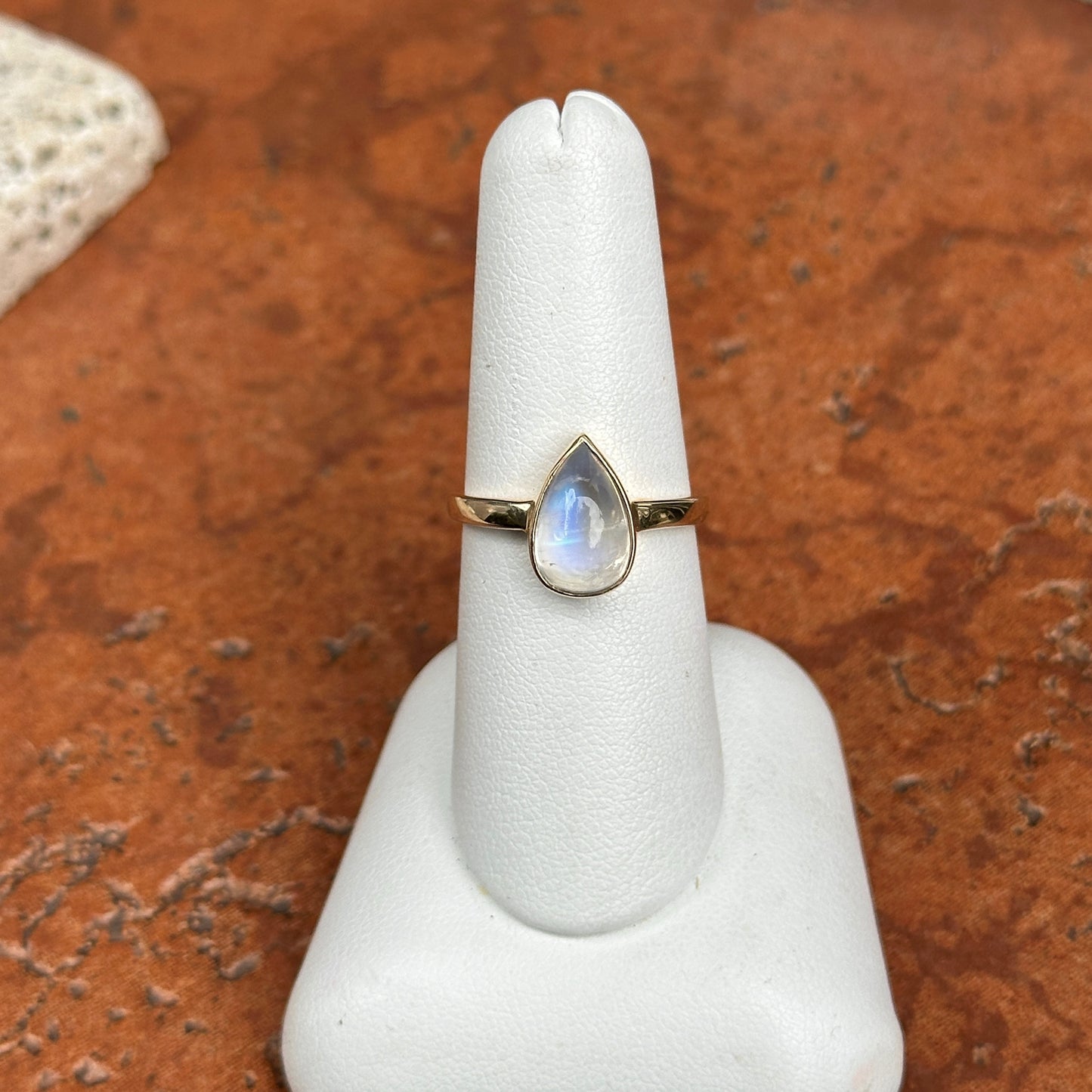14KT Yellow Gold Cabochon Pear Rainbow Moonstone Bezel Set Solitaire Ring