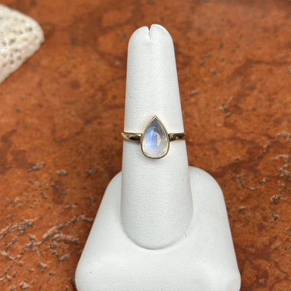14KT Yellow Gold Cabochon Pear Rainbow Moonstone Bezel Set Solitaire Ring