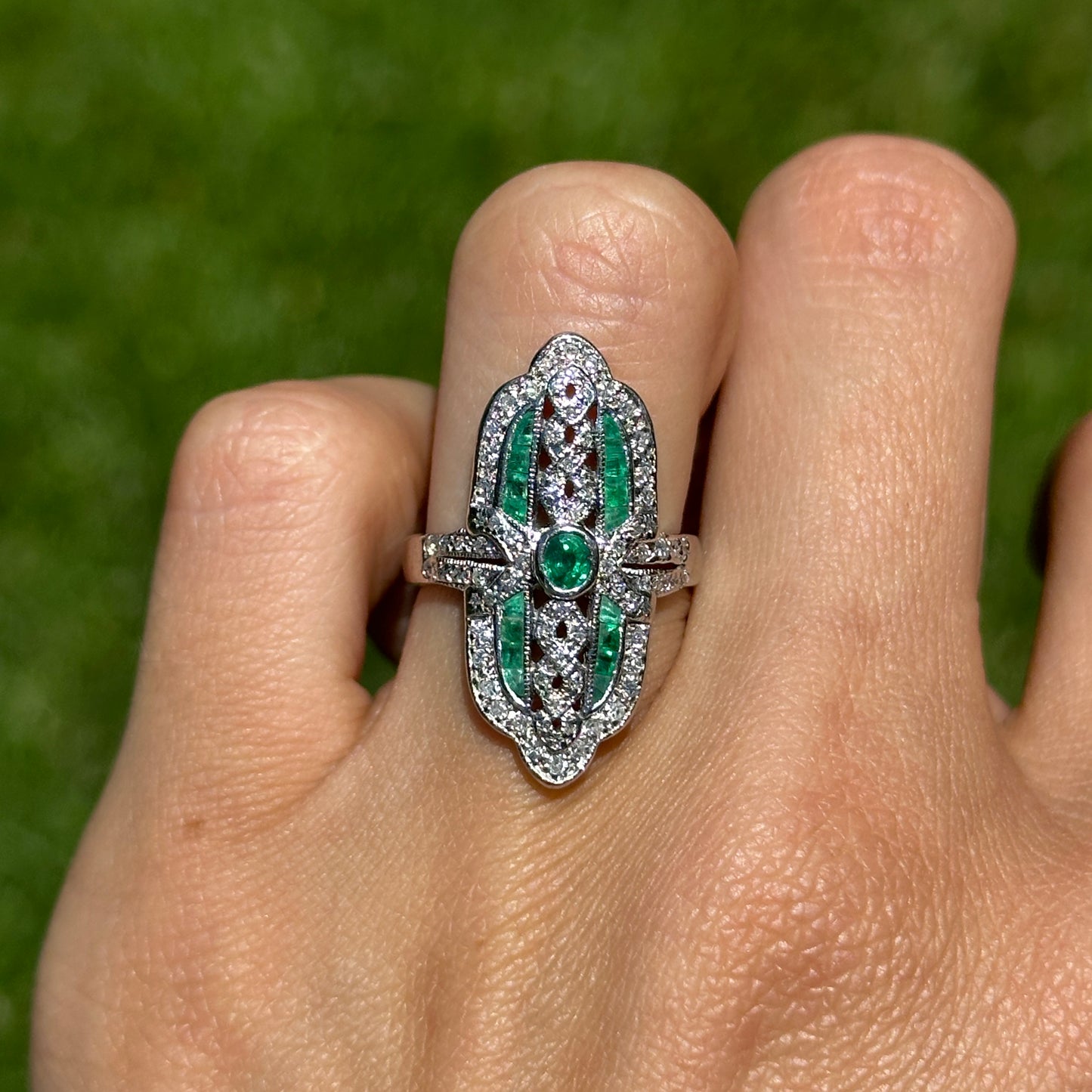 Estate 18KT White Gold Art Deco Emerald + Diamond Ring