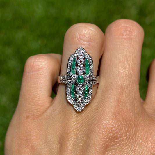 Estate 18KT White Gold Art Deco Emerald + Diamond Ring