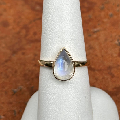 14KT Yellow Gold Cabochon Pear Rainbow Moonstone Bezel Set Solitaire Ring
