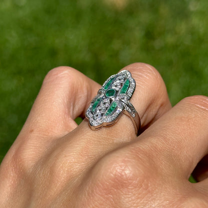 Estate 18KT White Gold Art Deco Emerald + Diamond Ring