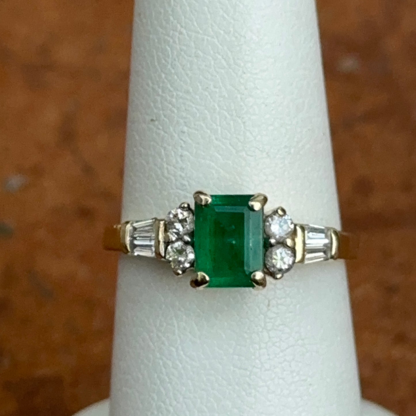 Estate 14KT Yellow Gold Emerald-Cut Emerald + Diamond Ring