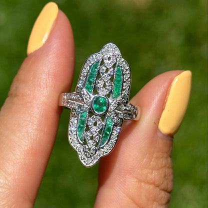 Estate 18KT White Gold Art Deco Emerald + Diamond Ring