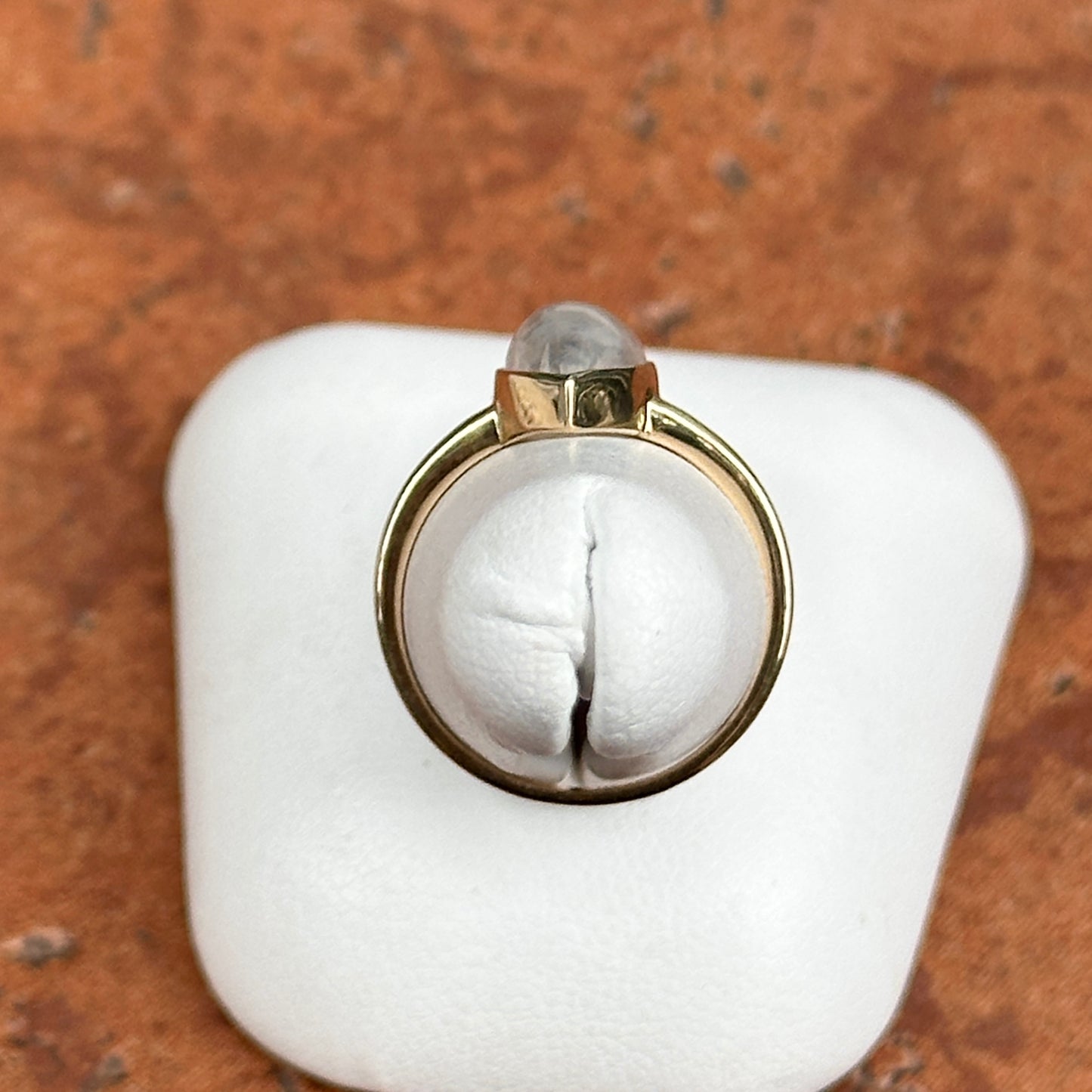 14KT Yellow Gold Cabochon Pear Rainbow Moonstone Bezel Set Solitaire Ring