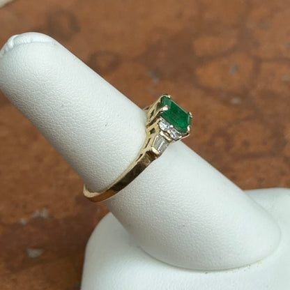 Estate 14KT Yellow Gold Emerald-Cut Emerald + Diamond Ring