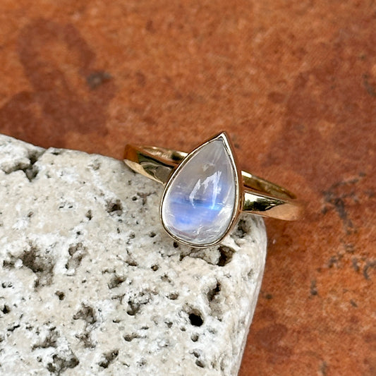 14KT Yellow Gold Cabochon Pear Rainbow Moonstone Bezel Set Solitaire Ring