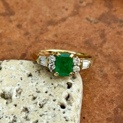 Estate 14KT Yellow Gold Emerald-Cut Emerald + Diamond Ring