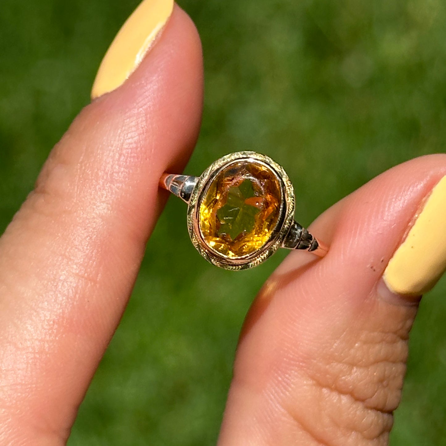 Estate 10KT / 18KT Yellow Gold Oval Citrine Art Deco Ring