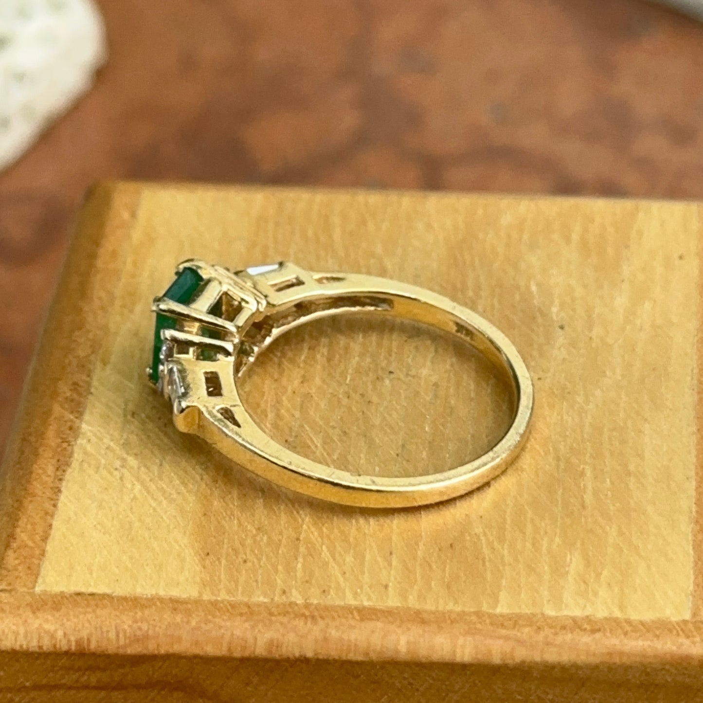Estate 14KT Yellow Gold Emerald-Cut Emerald + Diamond Ring