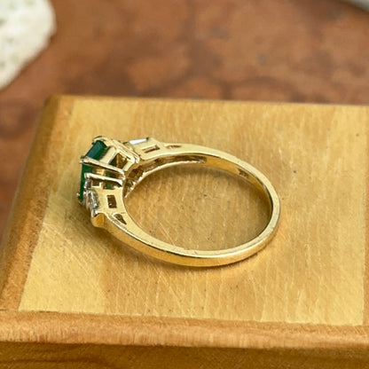 Estate 14KT Yellow Gold Emerald-Cut Emerald + Diamond Ring