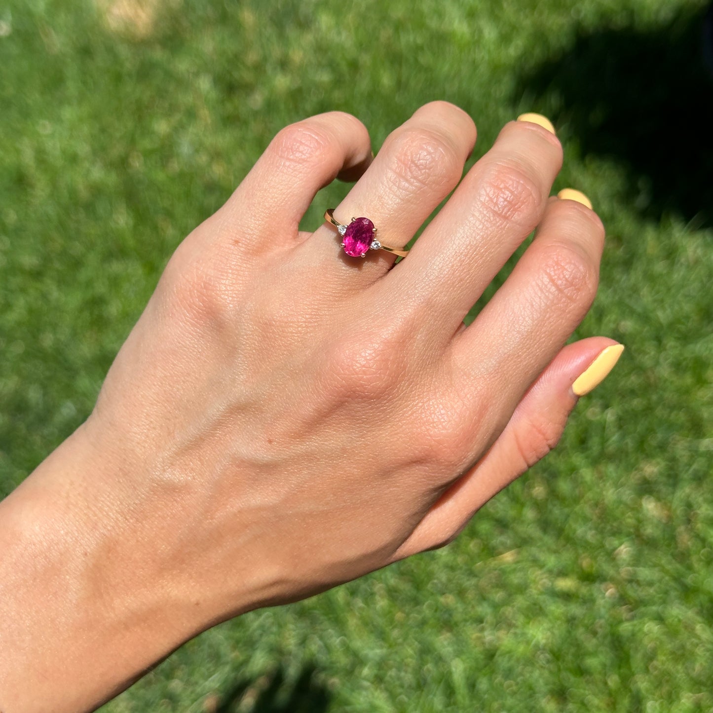Estate 18KT Yellow Gold Oval Pink Tourmaline + Diamond Ring